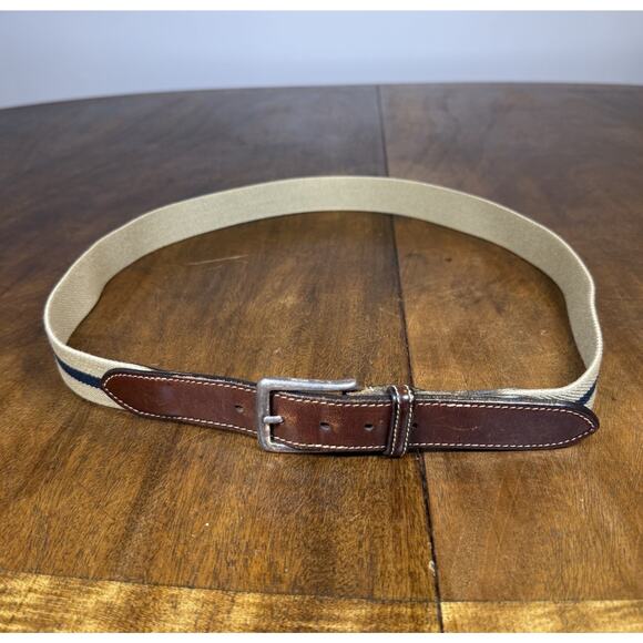 Brooks Brothers Leather Striped Canvas Belt & Brass Buckle Vintage USA Preppy - Picture 1 of 7